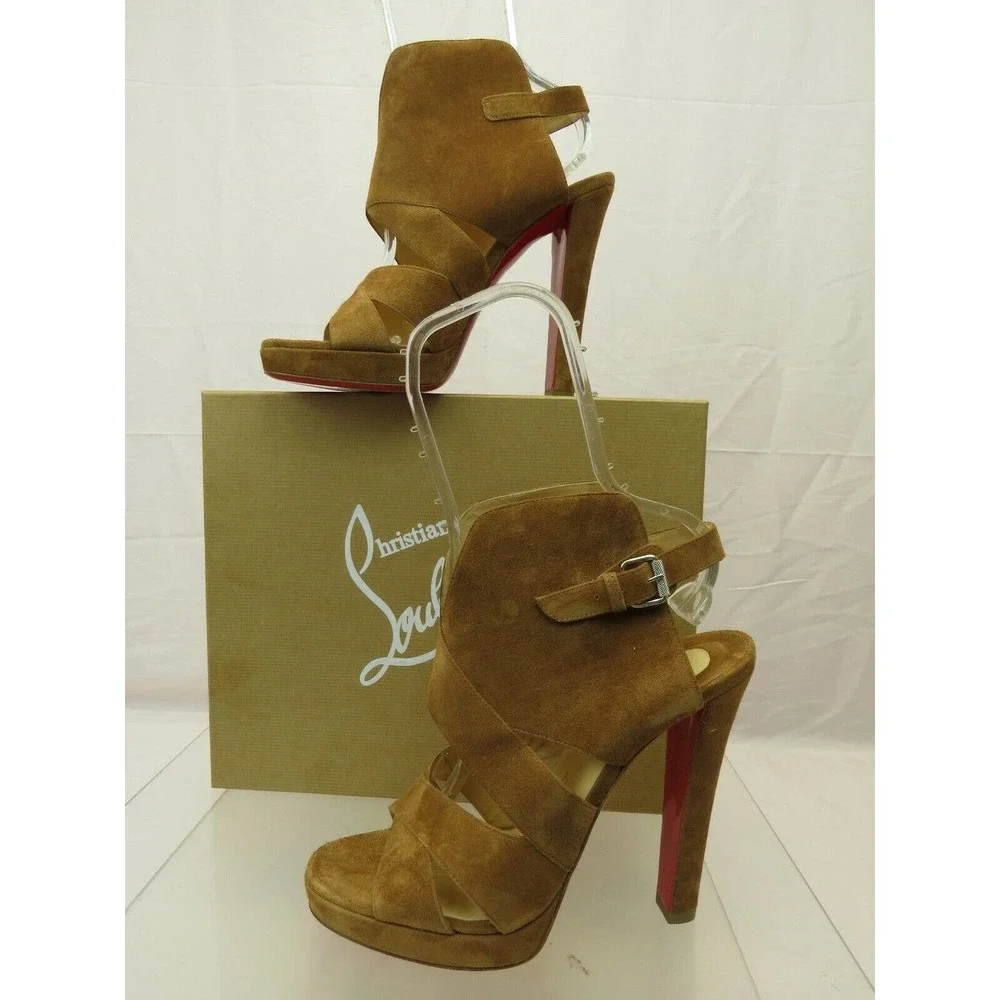 NIB LOUBOUTIN APRON LILI 120 BROWN SUEDE CRISSCROSS PLATFORM PUMPS 40.5 ITALY - Picture 9 of 12